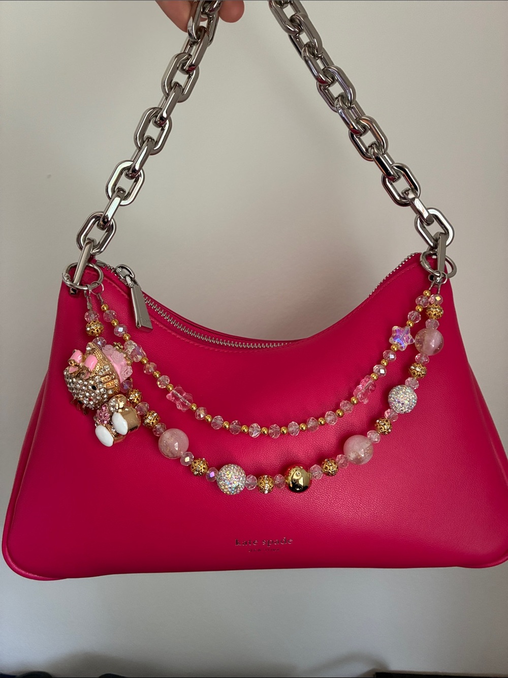 Pink Crystal Hello Kitty Beaded Chain Double Strap Charm